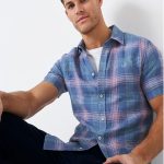 Crew Mens’ Short Sleeve Linen Check Shirt Blue-Pink