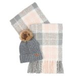 Barbour Ladies Saltburn Beanie & Tartan Scarf Set Grey Rose